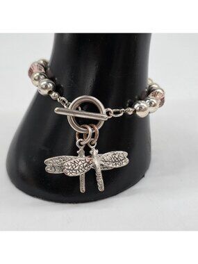 Dragonfly Charm Beaded Bracelet Toggle Clasp Silver & Pink Accents 8" Long